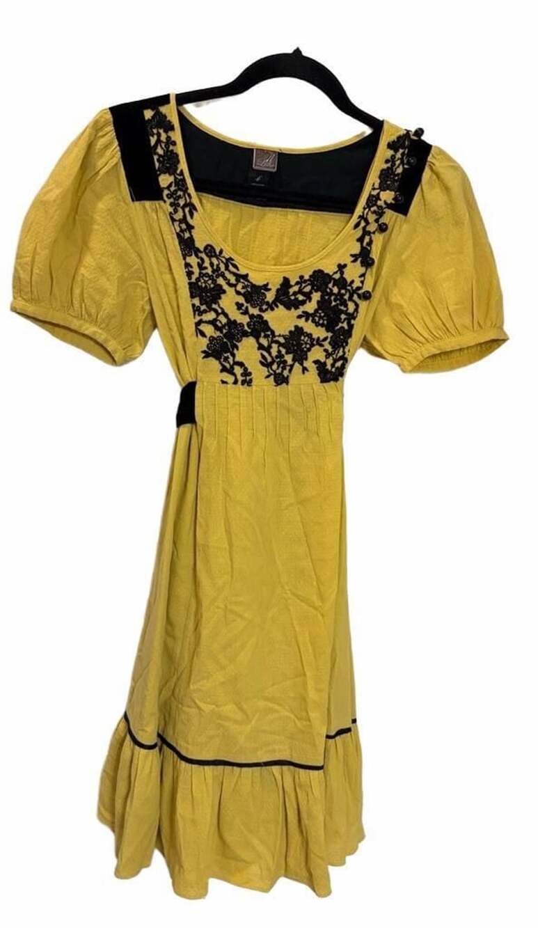 Lithe Anthropologie Yellow Embroidered Velvet Trim Dress Cottagecore Prairie